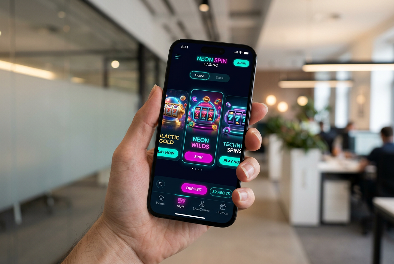 A high-end smartphone showing a futuristic casino interface with neon accents.