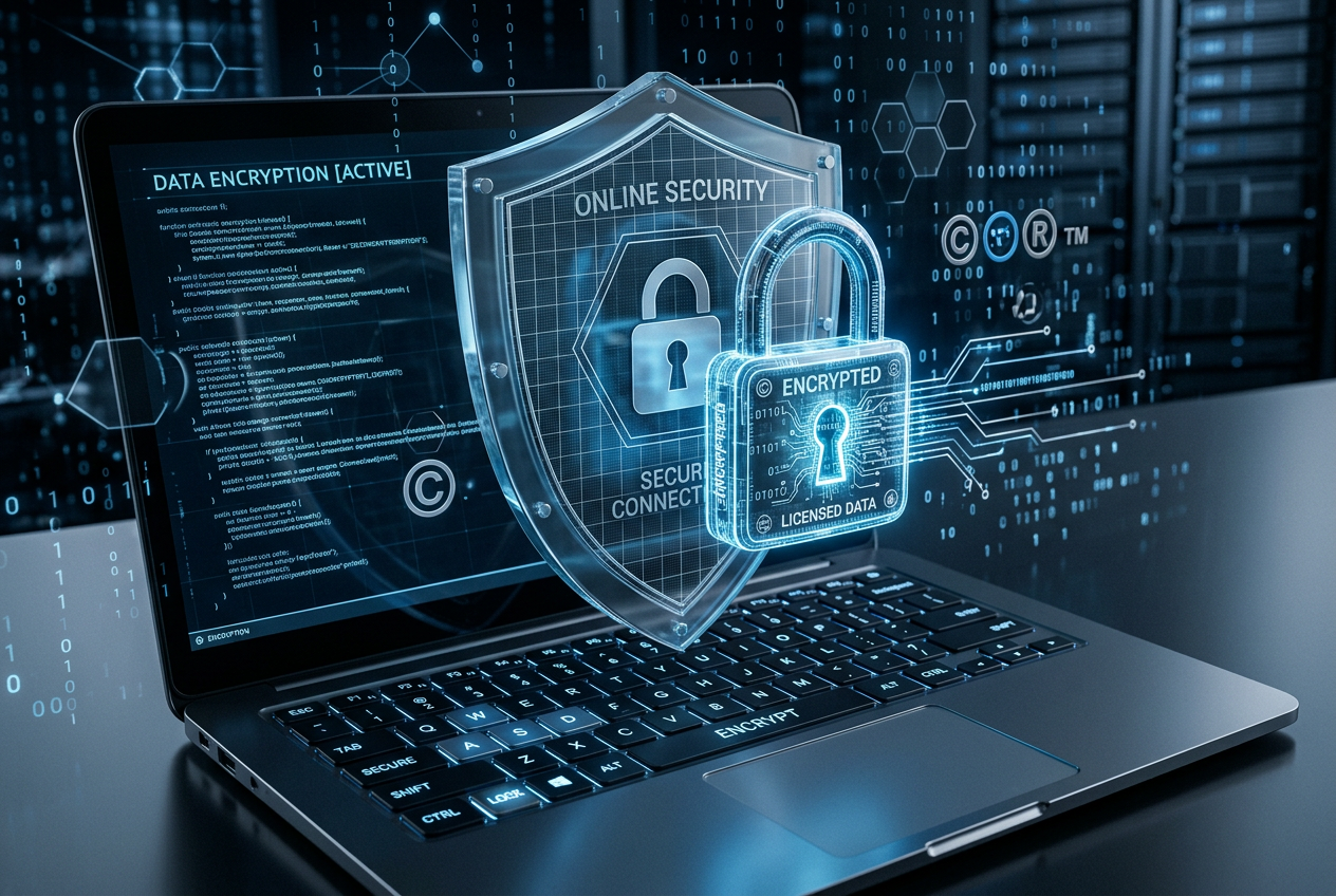 Digital shield and padlock icons representing online casino security and licensing.