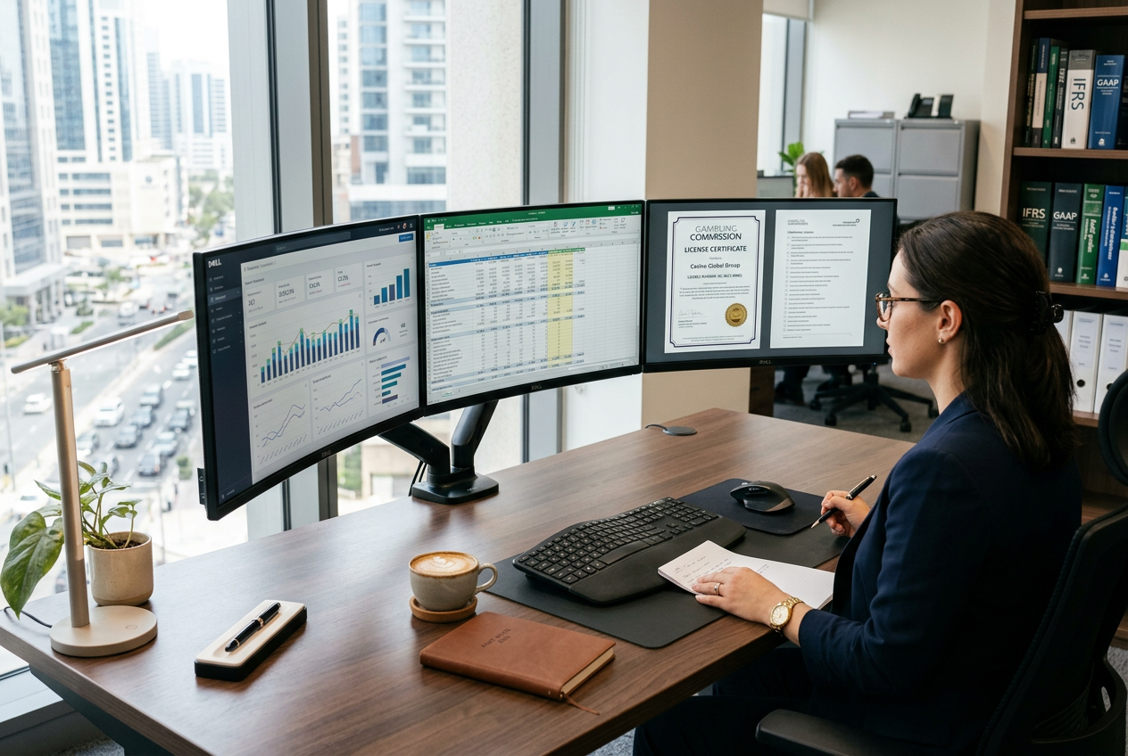Professional audit workstation with financial charts and documents.