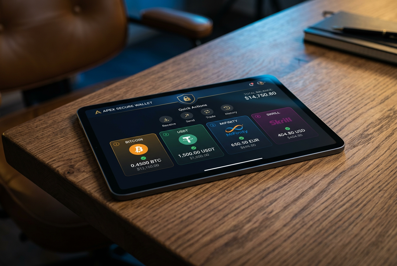 Secure digital wallet and payment methods on a tablet.